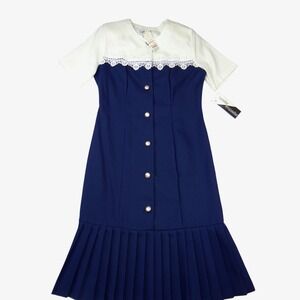 NWT Vintage Sunshine Starshine Women Navy White Pleated Drop Lace Waist Dress 12